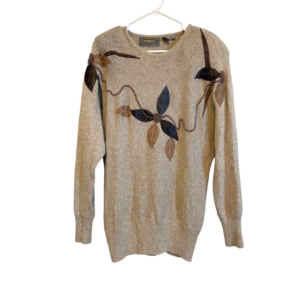 Diana Marco Vintage 80s Sweater Tan Embellished Silk Angora Wool Embroidered 22